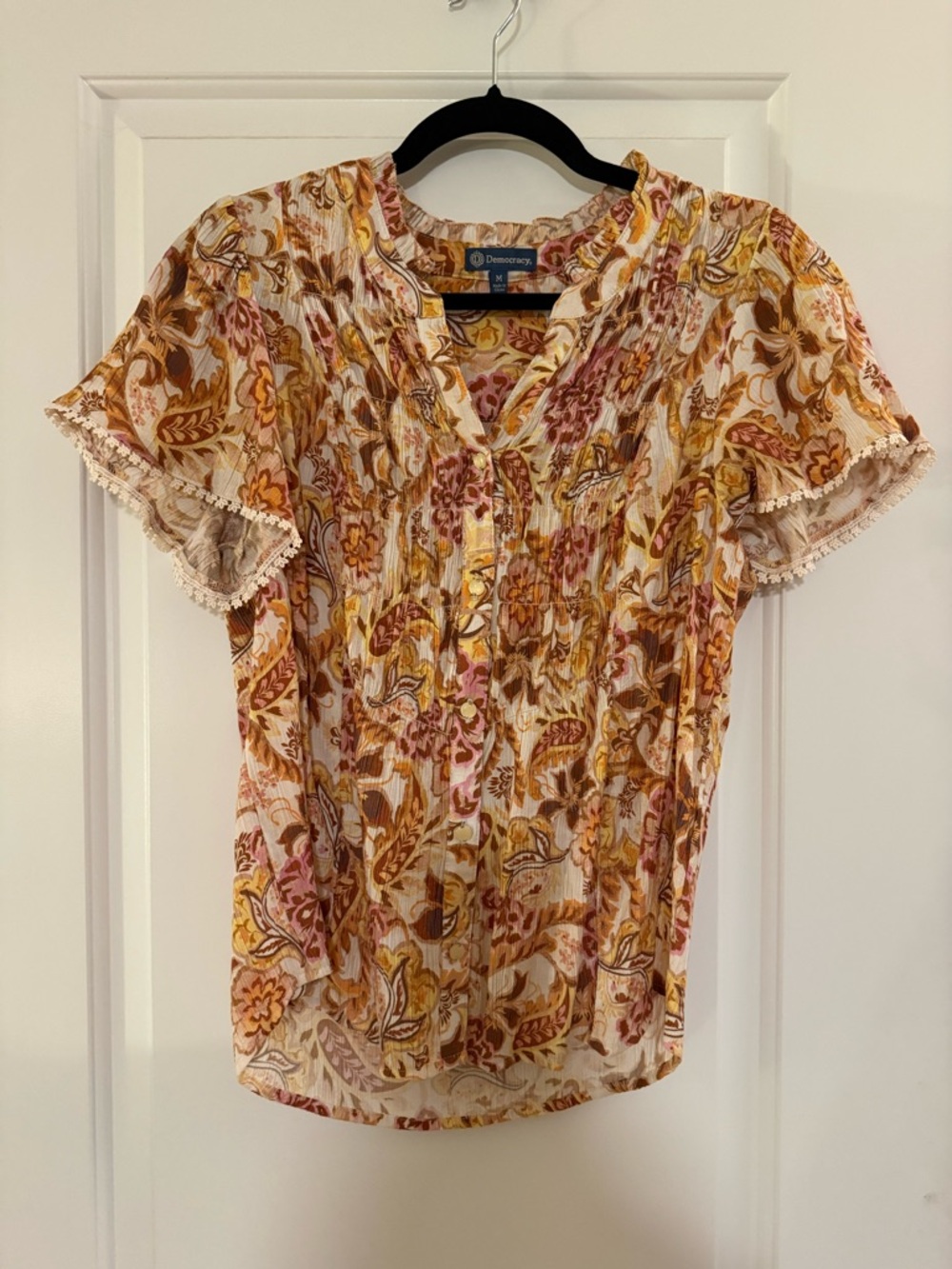 Democracy Floral Ruffle V-Neck Blouse in Mustard, Rust & Pink